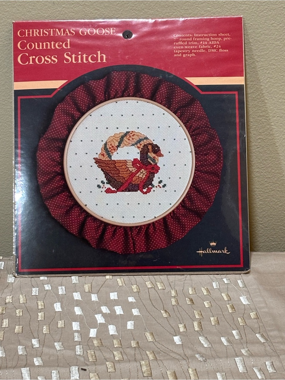 Hallmark burgundy and cream festive goose cross stitch kit